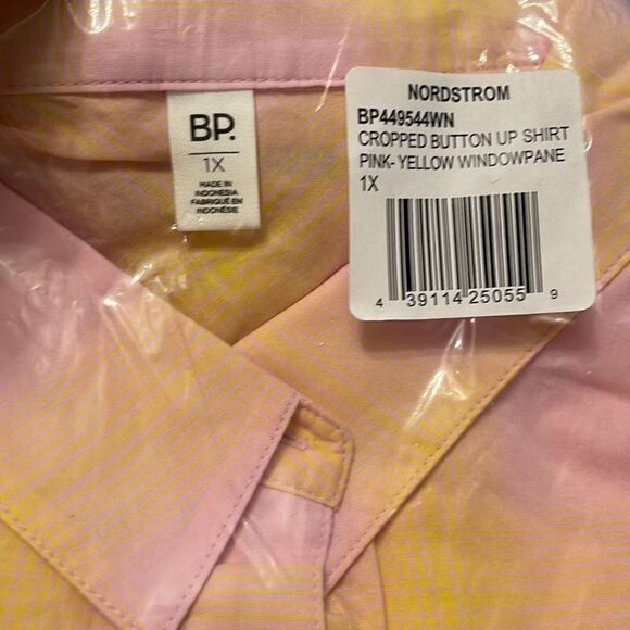 BP Nordstrom cropped button up shirt pink yellow windowpane NWT NEW 1X - Picture 7 of 8